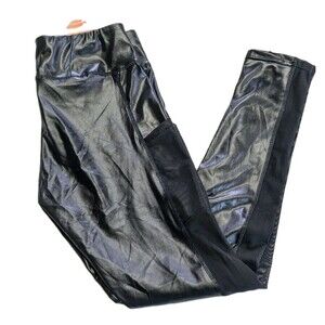 Shosho Sport Black Wet Look Leggings Mesh Side Pockets XL High Rise Shiny